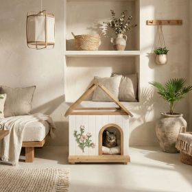 Transparent Roof Pet House with Floral Carving FSC-Certified Cedar Indoor Shelter for Cats & Small Dogs 24*22*32