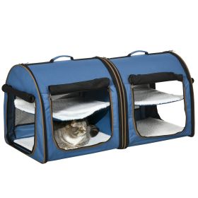Portable Twin Compartment Show House Cat Cage 39  Soft-Sided Pet Kennel With Soft Cushions  Storage Bag Blue (Option: Blue)