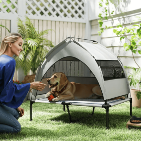 Elevated Dog Bed With Removable Canopy, Portable Outside Raised Pet Cot With Cooling Pad, Storage Bag (Option: Grey)